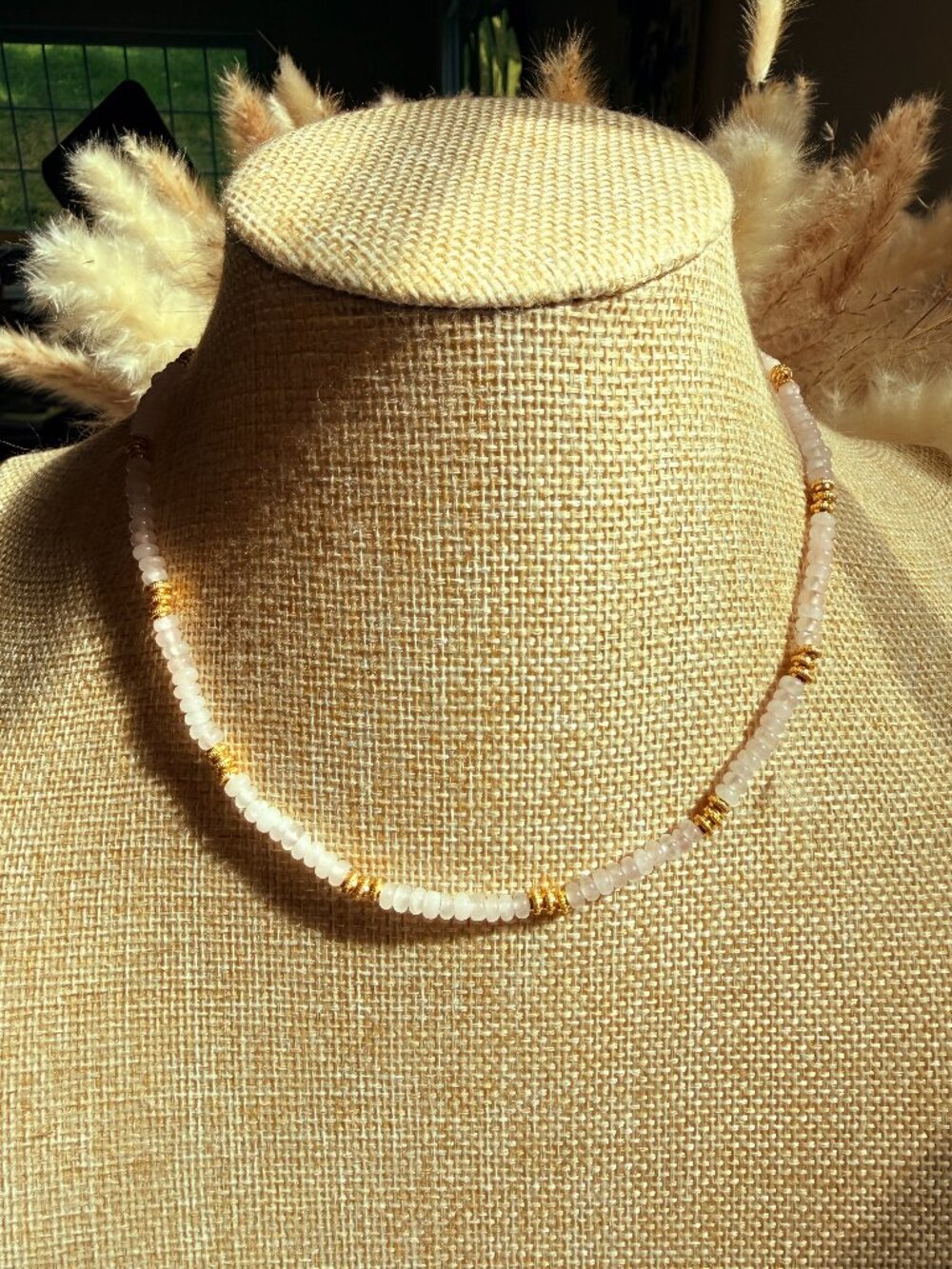 Natural Rose Quartz Tiny Bead Necklace | 4mm Pink Gemstone | Gold Accent